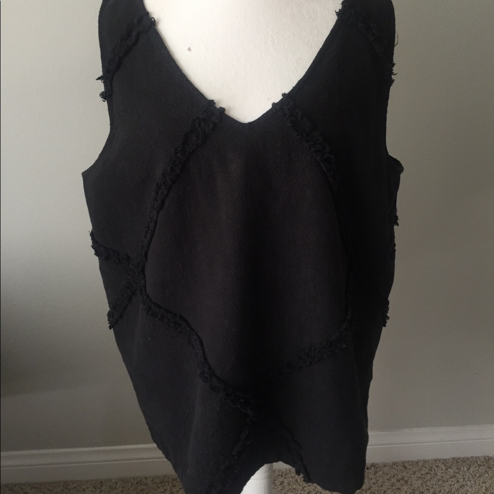 Anthropologie Black V Neck Tank w/ Fringe Detail
